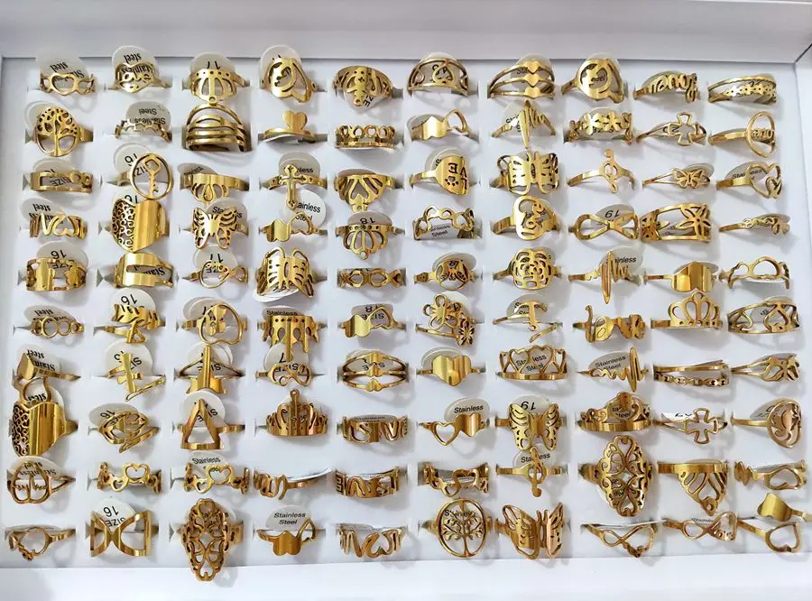 Wholesale Bulk 100pcs/lot Laser Cutting Pattern Mix Stainless Steel Rings Women Party Ring 6