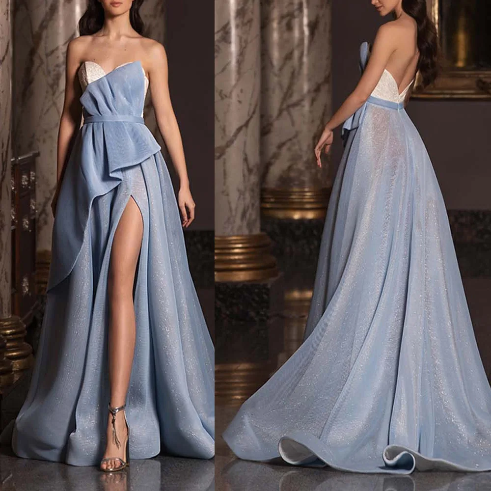 

Blue Evening Dress Women's 2022 Summer Autumn New Style Quality High-end Banquet Annual Host Floor Length Straps Ruched Dress