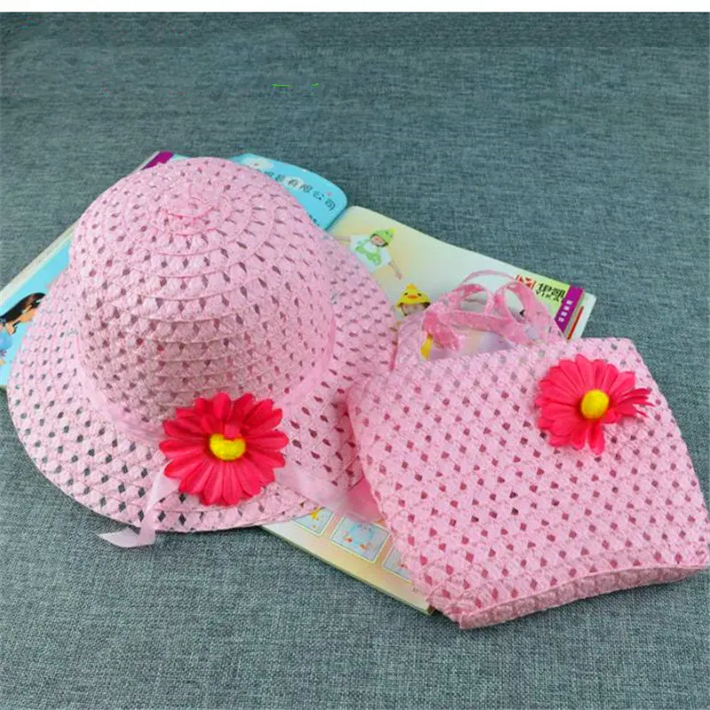 Pink cap plus bag Новые летние детские соломенные шляпы, красочные цветы, милый стиль принцессы, кепки для кавайных девочек, пляжная шляпа от солнца - Цвет: Pink cap plus bag