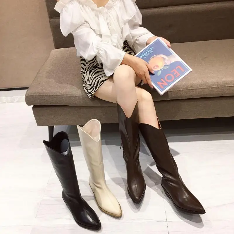 

Soft Leather High Boots Women Cowboy Boots Pointed Toe 2020 New Female Fashion Knee High Riding Boots Black Slim Leg
