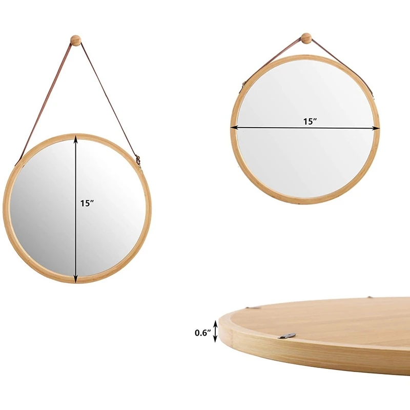 Hanging Round Wall Mirror in Bathroom& Bedroom- Solid Bamboo Frame& Adjustable Leather Strap