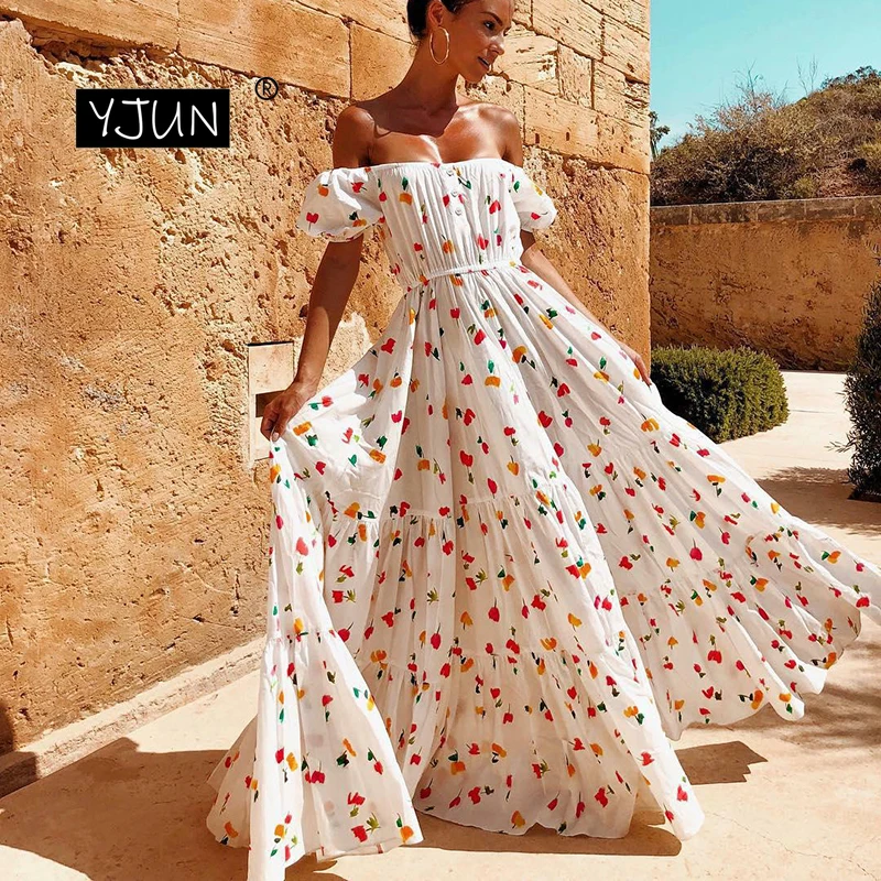 Summer Floral Dresses Maxi Sexy Off Shoulder Boho Puff Sleeve A-Line White Beach Long Dress Women | Женская одежда