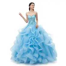 Светильник Бальные платья с голубыми рюшами плюс размер Роскошные Бисероплетение на шнуровке Сладкие 16 Бальные вечерние платья Длинные бальные платья с открытой спиной