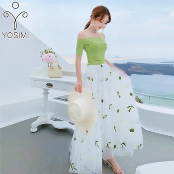 

YOSIMI 2020 Summer Two Piece Set Dress Elegant Green Off The Shoulder Top and Embroidery Mesh Skirt Women Two Piece Outfits