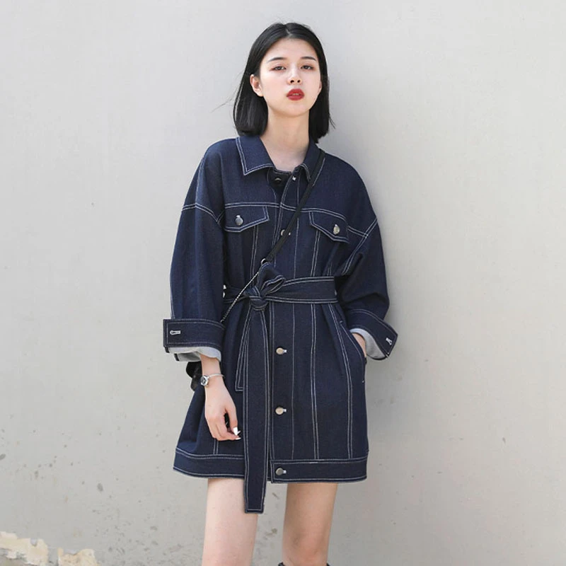 

Spring Women coat Denim Jacker Pocket with belt Plus Size New Lapel Long Sleeve Loose Fit Fashion Tide Spring Autumn 2020 NZY111