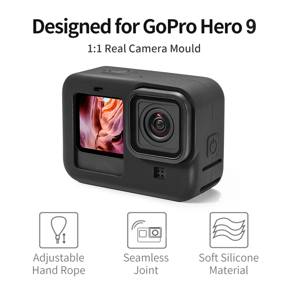 GoPro Hero 9 실리콘 보호 커버 전체 케이스 셸 스포츠 카메라 슬리브 하우징 프레임 렌즈 캡 + 끈 액세서리