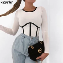 Rapwriter Casual Long Sleeve Cotton Patchwork Line White T-shirt Women 2020 Summer Skinny Basic Crop Top Fashion Stripe Tshirt