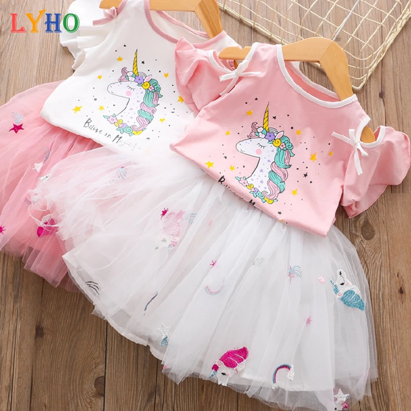 Vestidos de unicornio para niña, ropa de talla 3 7, de encaje de manga corta, vestido de princesa rosa, trajes para bebé|set de ropa| AliExpress