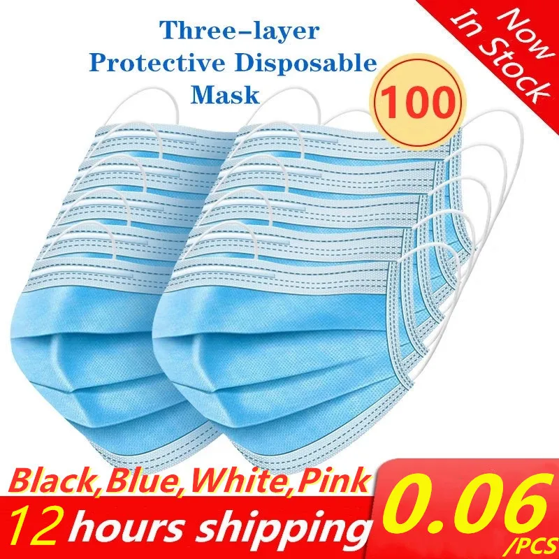 100pcs Face Mask Disposable Mascarillas 3 Ply Melt-blown Nonwoven Fabric Mouth Masks Breathable Prot