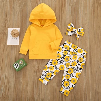 

2020 Autumn Children's Clothing Sets Yellow Sweater + Camellia Trousers + Headscarf Three-piece Suit Hot Sale