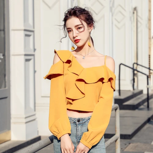 Casual Chiffon Ruffle Tops Korean 