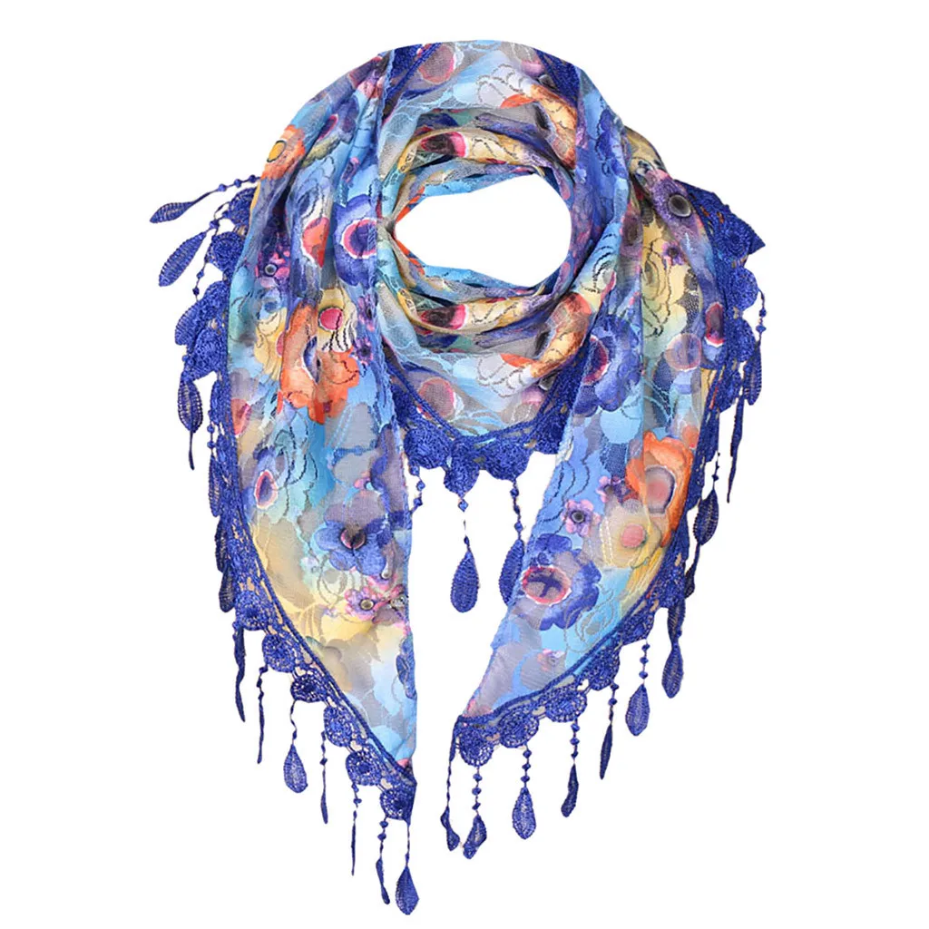 new autumn Winter Women Lace Tassel Floral Multicolor Print Hollow Scarf Shawl Wraps Scarves Jacquard fringed scarves#930 - Цвет: C