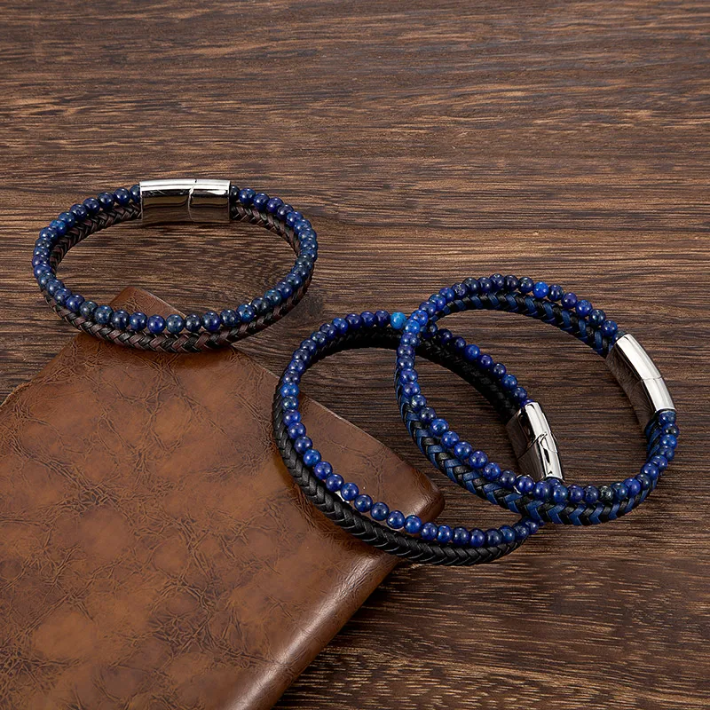 

Beads For Bracelets Stainless Steel Natural Stone Multilayer Leather Fashion Jewelry Magnetic Clasp Bangles Men Accessories Gift