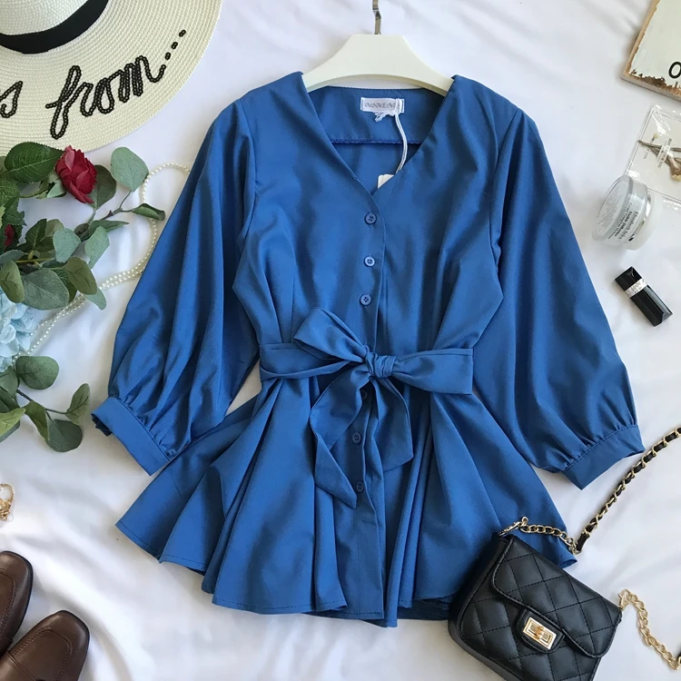 

V Neck Button Shirt Women Autumn and Winter New Korean Single-row Button Belt-tie Waist Shirt Blouse Blusas Blusa Femme