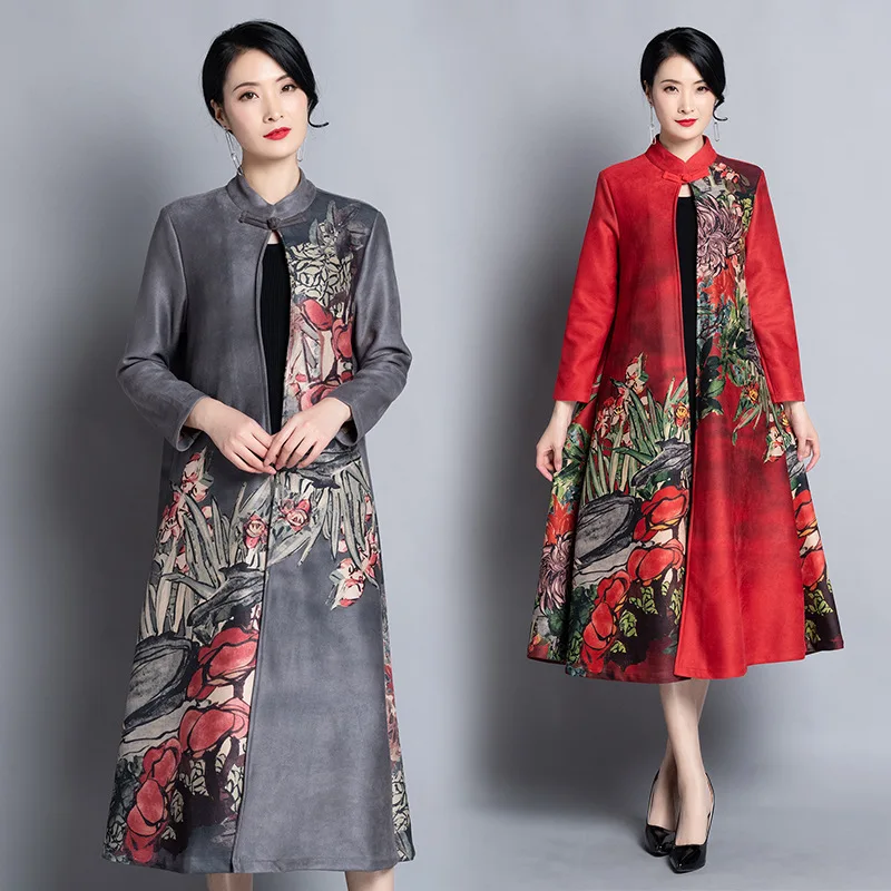 

Photo Shoot 2018 Autumn And Winter New Style Ethnic-Style Suede Special Vintage Printed Coat Trench Coat U9243
