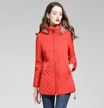  Diamond lattice jacket women hooded coat autumn winter casual Middle length loose clothes womens jackets and coats blue khaki 
