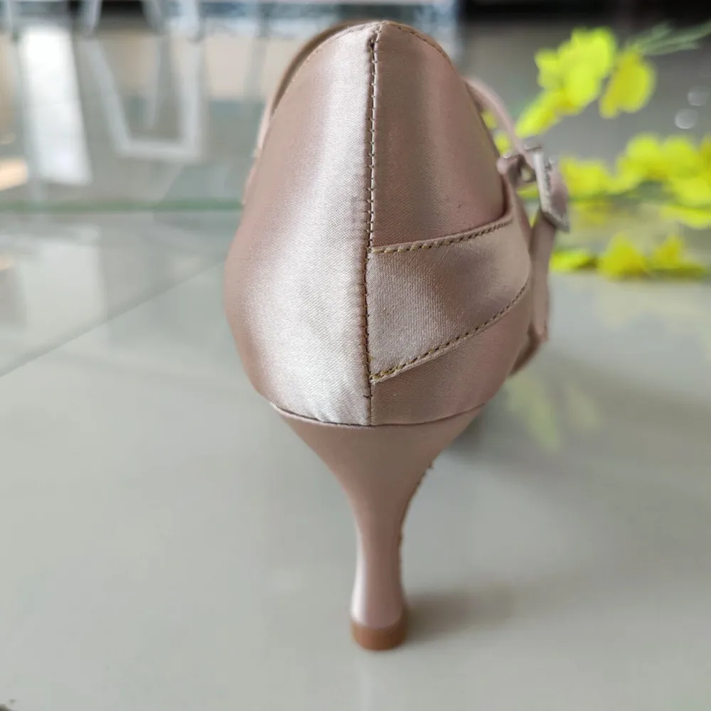 Evkoodance Brand Khaki Color Satin With Crystal Comfortable Woman Modern Ballroom Dance Shoes 7.3cm Heel Evkoo018 customize shoe 6