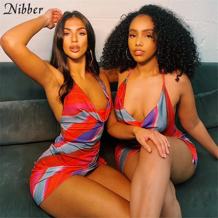 Nibber Sleeveless Multicolor Printing Cut Out Mini Wrap Dresses for Women's 2021 Summer Hot Deals Beach Bodycon Elegant Dresses