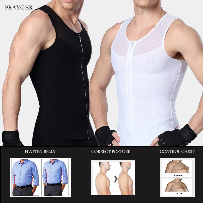 Men Slimming Abdominal Shaper Chest Vest Waist Trainer Tops Gynecomastia Shirt Control Boobs Zipper
