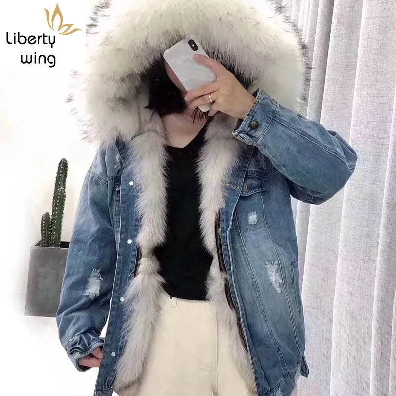 

Brand Luxury Womens Long Coats Real Fox Fur Lining Warm Denim Coat Female Casual Single Breasted Hooded Jean Outerwear