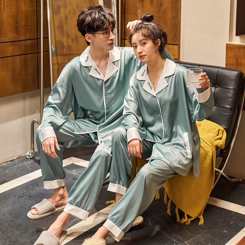New Couple Real Silk Pajamas Set 2 Pieces Long Sleeves Solid Sleepwear Men Pyjamas Ladies Lounge Home Clothes Suit