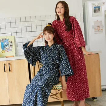 

XIFER Autumn Women Sleepwear 2020 Japanese New Lace-up Nightgown Floral Cotton Long-sleeved Women Loose Robe Homewear