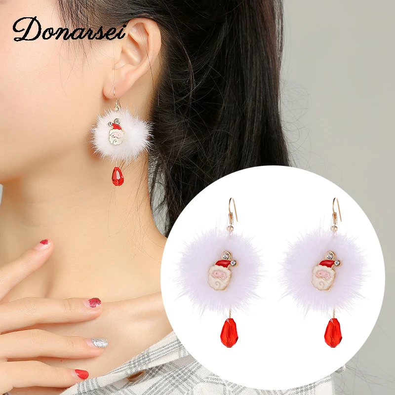 

Donarsei Santa Claus Christmas Pompom Earring For Women Winter Girls Cute Crystal Sika Deer Drop Dangle Earrings Party