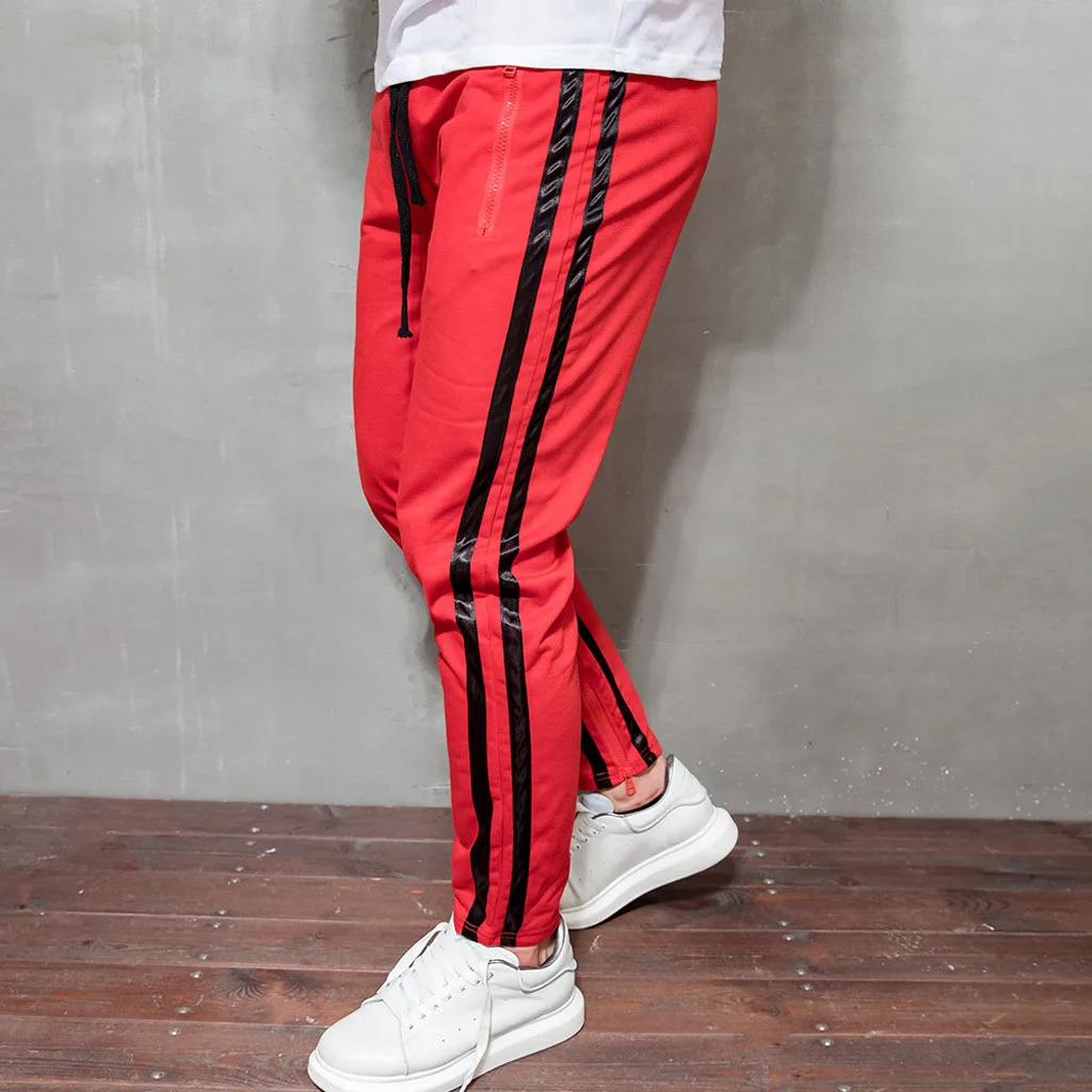 Mens Zipper Pocket Anke Zip Track Pants Long Dawstring Sweatpants Side Striped Patchwork Casual Trousers Man Pants z1009