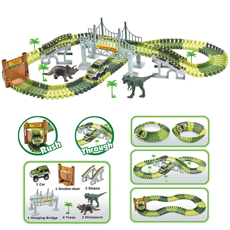 DIY Dinosaur Race Track Toys Set Flexible Magical Racing Track Railway Car Hanging Bridge Dinosaurs Toy For Boys Girls Gift 16