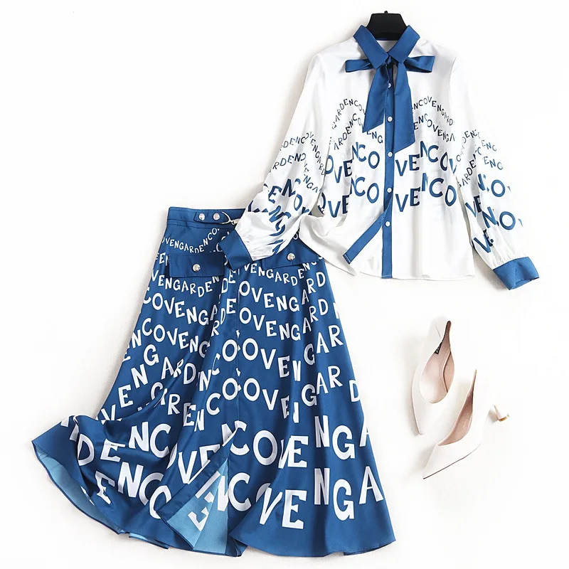 

Letter Print 2 Piece Set Women Single Breasted High Street Blouse Turn-down Collar +Skirt with Split Two Piece Skirts Set Women