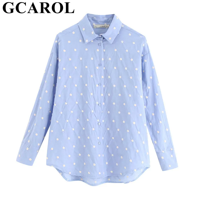 

GCAROL 2019 Fall Embroidered Dots OL Shirt Elegant Full Sleeve Oversized Blouse High Street Trendy Basic Perfect Shirt 3 Colorss