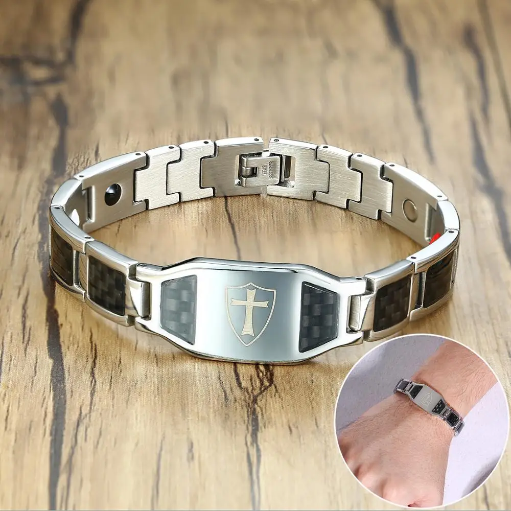 Cross Magnetic Bracelet Men Stainless Steel Hand Chain ID Bracelets Black Carbon Fiber Magnetic Energy Bracelet Men chain bracelet stainless steel bracelets stainless steel jewelry magnetic bracelets