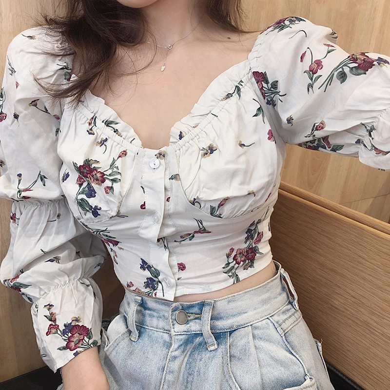 Blusas mujer de moda новая прерия шик весенние женские топы с цветочным принтом с v-образным вырезом укороченный топ с расклешенными рукавами модная женская одежда Корея