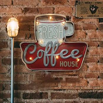 

Embossed Battery Operated Handmade Light Up Coffee Sign Bar Industrial Style Restaurant Kitchen Home Wall Decoration Iron