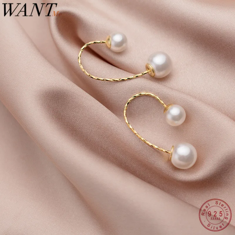 WANTME Real 925 Sterling Silver Minimalist Pearl Line Studs Earrings for Women Party Wedding Fine Hoop Jewelry Accessories Gift