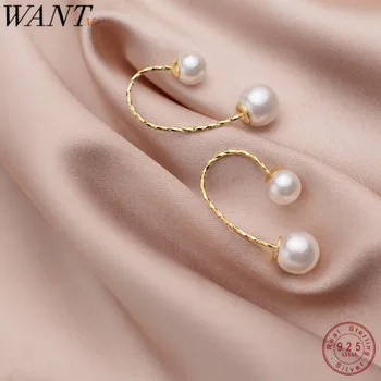 WANTME Real 925 Sterling Silver Minimalist Pearl Line Studs Earrings for Women Party Wedding Fine Hoop Jewelry Accessories Gift