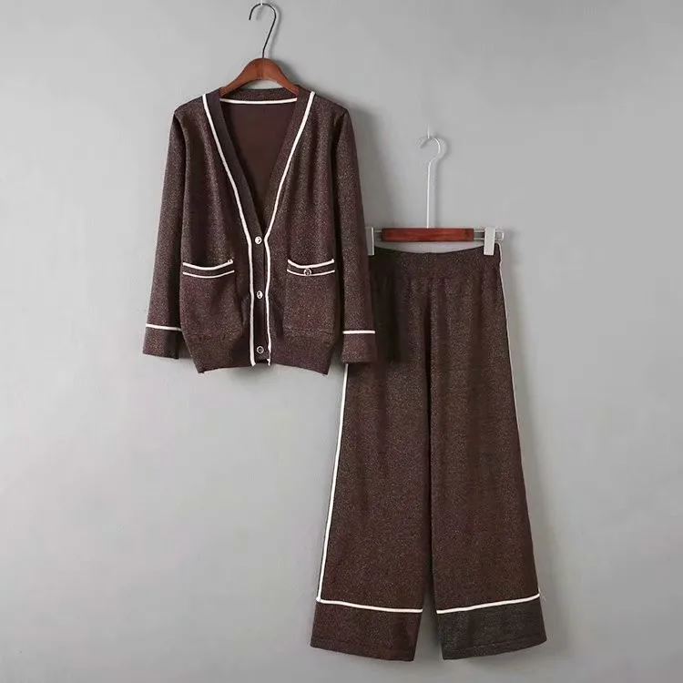 

0098-0808 Europe And America Autumn WOMEN'S Dress V-neck Long Sleeve kuan song kou Pocket Decoration Knitted Coat + Loose Pants