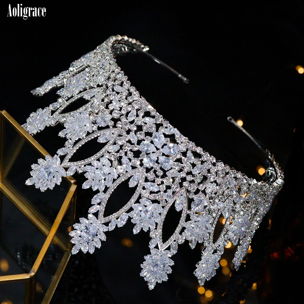 European Full Cubic Zirconia CZ Zircon Wedding Princess Crowns Tiaras Women Pageant Quinceanera Diadem Hair Jewelry Accessories