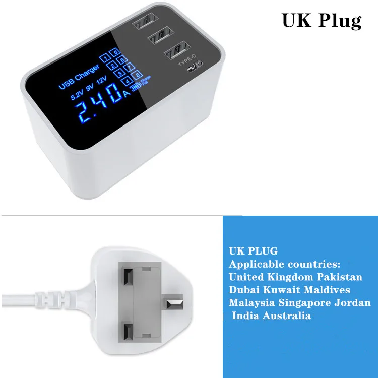 UK Plug Быстрое зарядное устройство type C usb-зарядное устройство светодиодный дисплей настенное зарядное устройство быстрое зарядное устройство для мобильного телефона iPhone samsung USB адаптер ЕС США штекер - Тип штекера: UK Plug