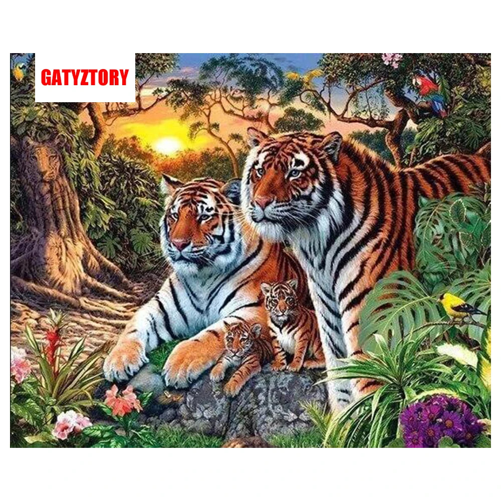 GATYZTORY, 3D Алмазная живопись, Полная площадь, сделай сам, домашний декор, ремесло, стразы, мозаичная картина, фото на заказ, картина из смолы, тигр, семья - Цвет: DZDP956