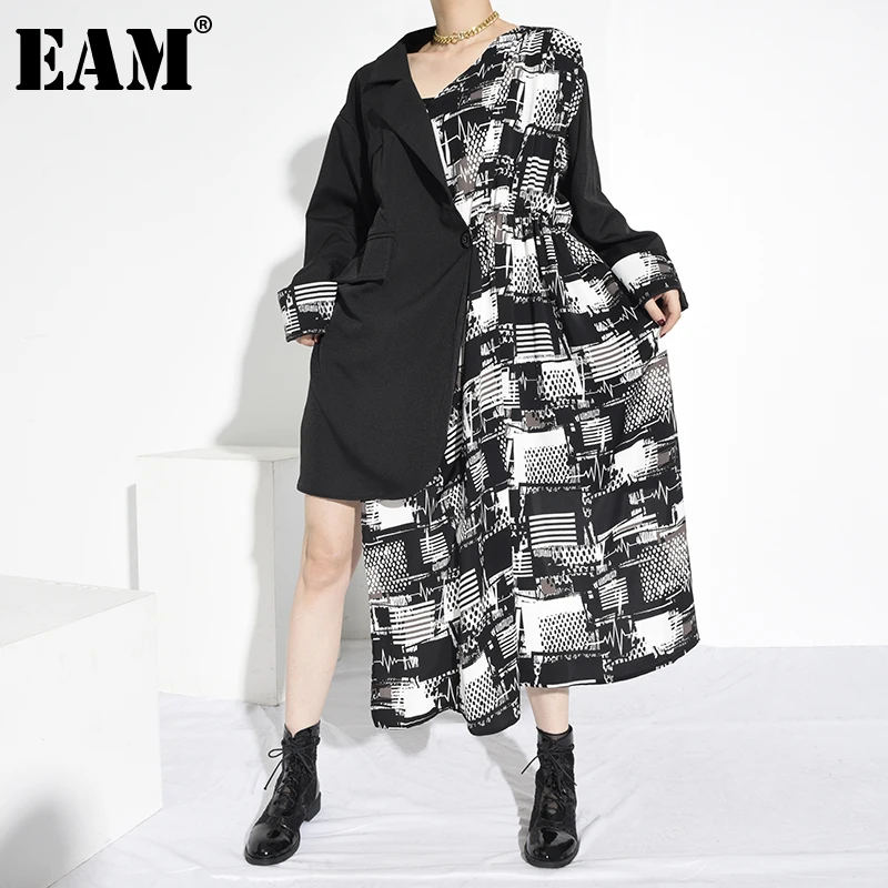 [EAM] Women Black Pattern Printed Big Size Irregular Dress New Lapel Long Sleeve Loose Fit Fashion Spring Autumn 2020 1Z50001