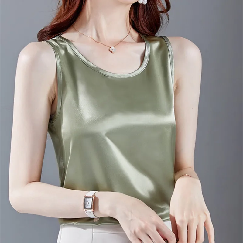 Korean Silk Women Tops Woman Satin Sleeveless Camis Vest Women Solid