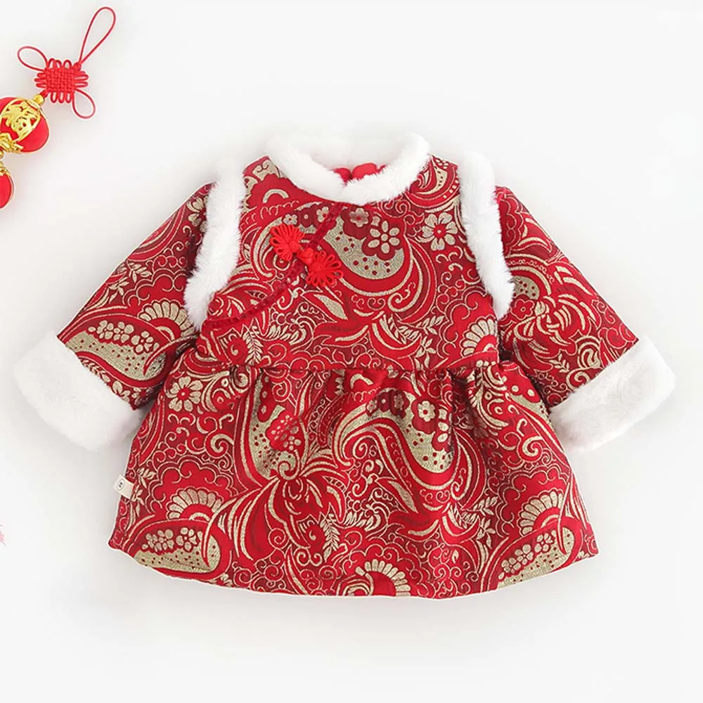 AmyaBaby/красное Новогоднее праздничное платье для девочек в китайском стиле; хлопковая зимняя детская одежда с цветочной вышивкой; платья принцессы для маленьких девочек