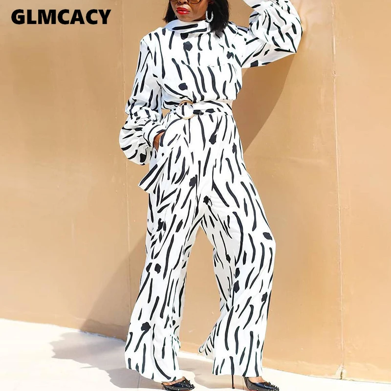 Women Casual Jumpsuit Wide Leg Pants Stand Neck Long Sleeve One Piece Jumpsuit Print High Waist Sashes Elegant Overalls