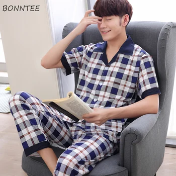 

Pajama Sets Men Plaid Turn-down Collar Fashion Plus Size 3XL Loose Mens Cotton Short Sleeve Pajamas Home Comfortable Sleepwear