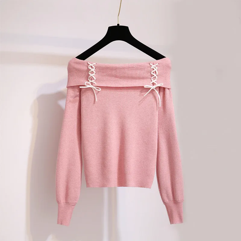 

Kawaii Lace-up Off Shoulder Pink Sweater Women Autumn Winter Lolita Long Sleeve Knitted Sweaters Pullovers Jumpers Ladies