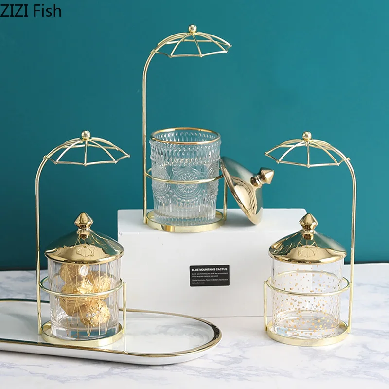 Nordic Creative ceramics Wrought Glass Storage Jars Home Desktop Golden Metal Umbrella Candy Jar Box Modern Decor | Дом и сад