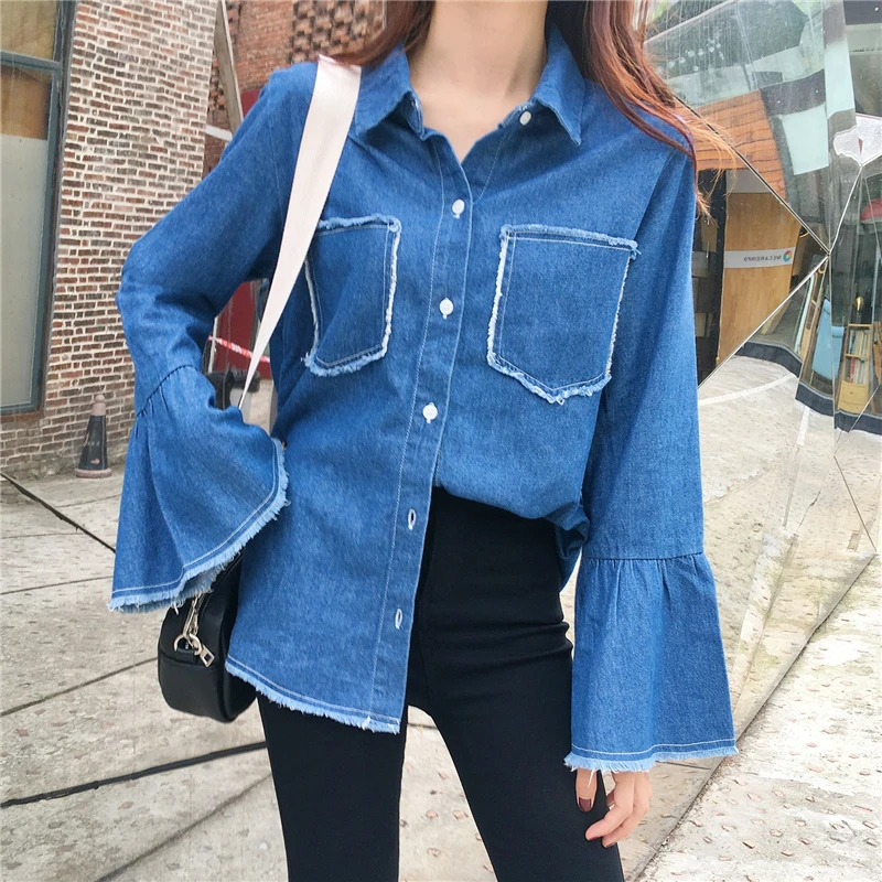 

Vintage Denim Blouse Women Big Pockets Turn-down Collar Buttons Solid Jeans Shirt Top Long Flare Sleeve blusas T98391