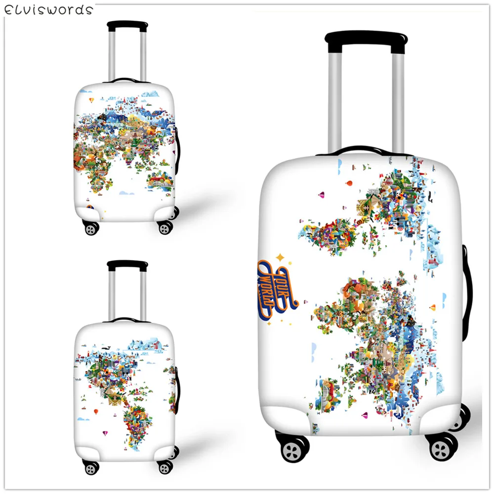 

ELVIESWORDS Thicken Elastic dust-proff Luggage Cover World Map Design Travel goods Size 18-32 inch Trolley luggage tag 2019