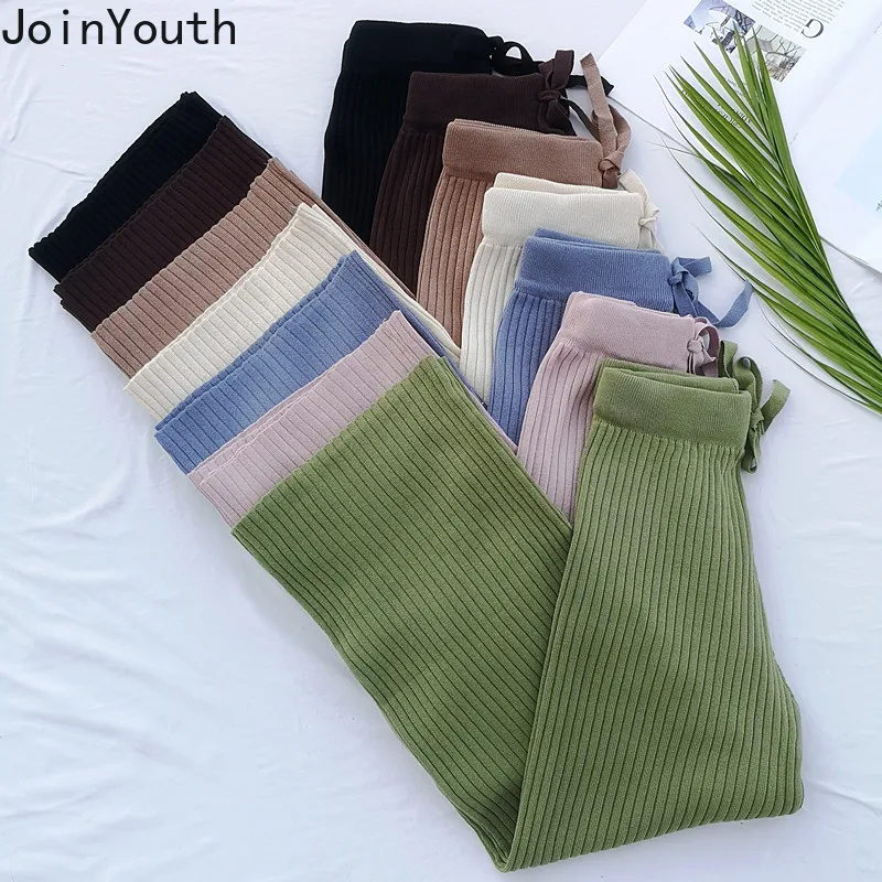 

JoinYouth Knitted Pants Women Solid Drawstring Solid High Waist Wide Leg Pants Lace Up Bow All Match Full Length Trousers J259